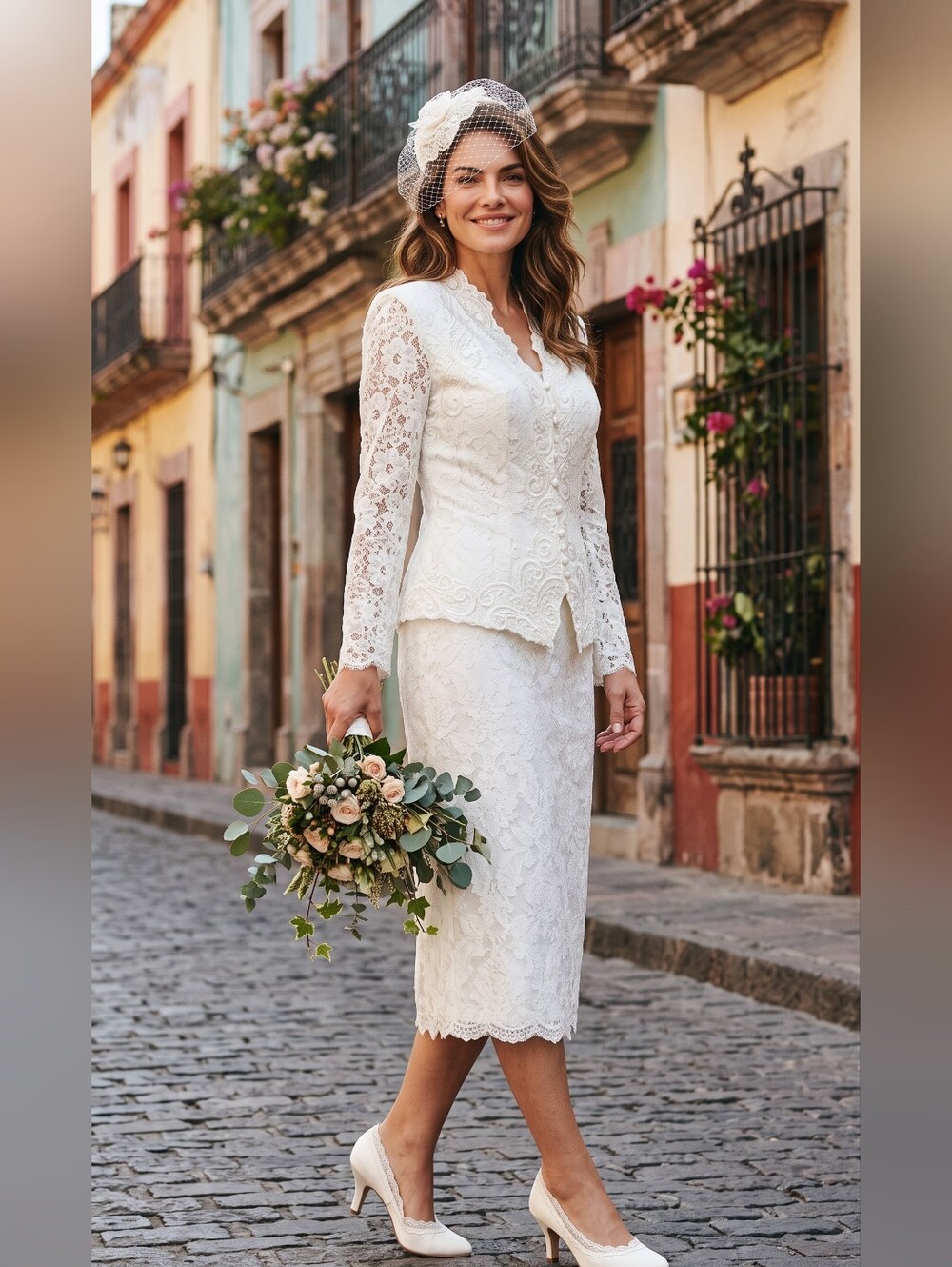Scott McClintok Vtg Ivory Brocade 2 Pc Bridal Suit Floral Lace Longsleeves Back